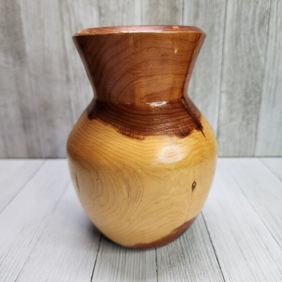 Vintage Glazed Crafted 6 1/2” Two Toned Wood Vase with Cracking - Picture 3 of 9